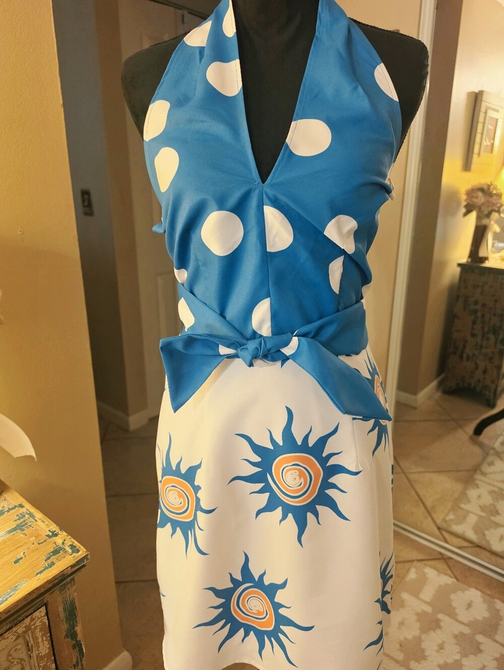 Halter Dress w/pearl neck closure.